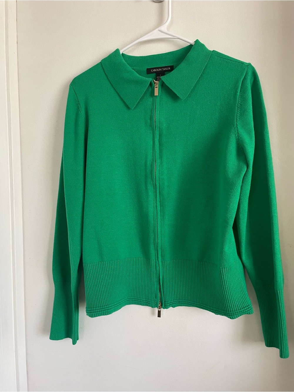 Carolyn Taylor Emerald Green Zip-Up Collared Cardigan